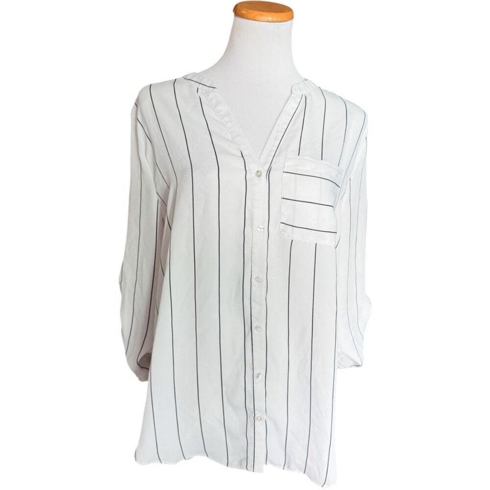 Womens Simply Emma Pinstriped 3/4 Sleeve Pinstripe Button Down Shirt - Sz 1X